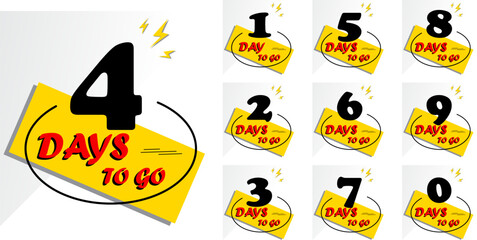 Days to go, Countdown of days 1,2,3,4,5,6,7,8,9,10. The days left badges. A countdown is going on, one day I left a badge and a label to calculate the date of work. Offer timer,