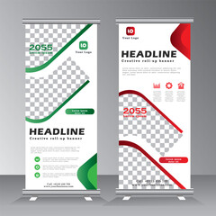 professional roll up stand banner template design with image spaces,