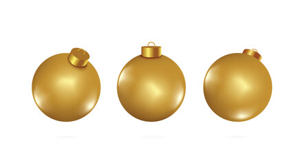 Gold shiny Christmas or New Year decoration balls 3 perspectives on white background for Christmas advertising design
