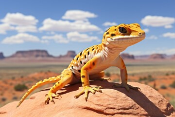 Obraz premium Desert Dweller: Leopard gecko perched atop a sandstone in desert surroundings