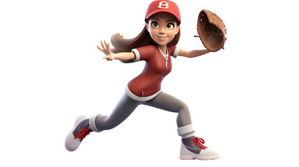 The sporty girl is playing the baseball and ready to throw the ball 3d rendering isolated on white background. Generative Ai.