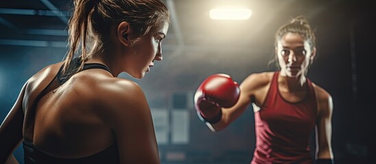 Woman boxing in gym with trainer for improved fitness, health, and wellness. Active female client doing kickboxing workout with personal coach. - obrazy, fototapety, plakaty