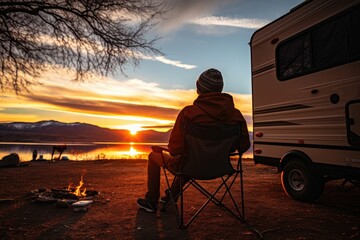 Fototapeta premium Ocean Sunrise View: Adventurer relaxing in a chair by the tent with a sunrise backdrop