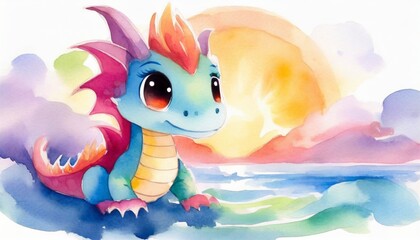 Behind the cute dragon, you can see the sunrise over the sea. watercolor tone