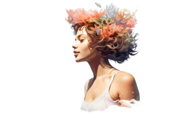 Underwater of a woman snorkeling above a coral reef. Girl isolated on white background.. Generative Ai.