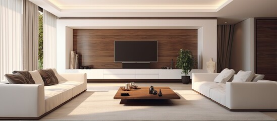 Large living area with television, carpet, table, and two sofas.