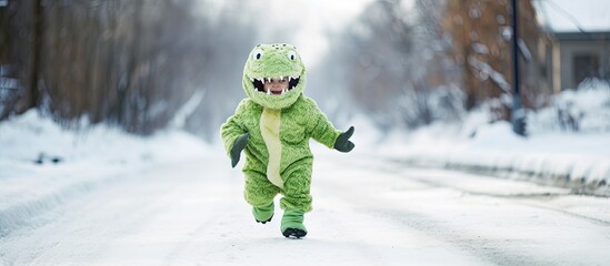 Child in DIY dinosaur or crocodile costume walking on snowy road.