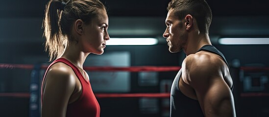 Young female boxer being trained by a male coach in a gym.