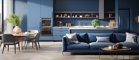 Modern, sophisticated blue apartment with open kitchen and living room.