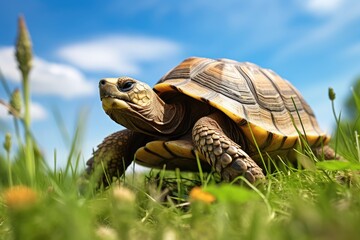 A tortoise journeying through a field of green