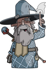 A Wizard old man wearing a wizard hat holding spells book. Colorful Cartoon Character of a Single Individual