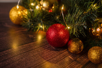 Christmas Decoration Over Wooden Background. Decorations over Wood, Copy-space