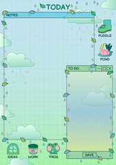 Cute Kawaii Printable Digital Daily Planner with frog theme in rainy day 