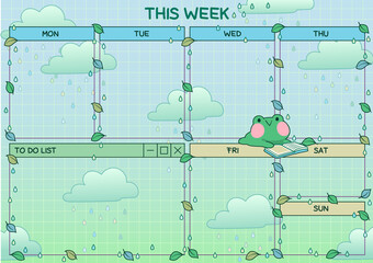 Cute Kawaii Printable Digital Weekly Planner with frog theme in rainy day 