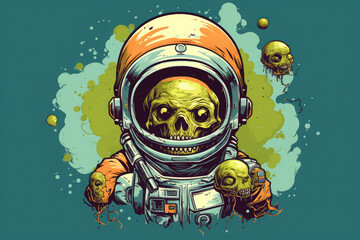 A zombie astronaut with Brains in Space professional t-shirt design Halloween theme AI Generated