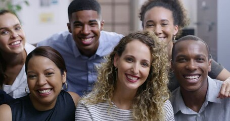 Collaboration, diversity and business friends in an office together for a company event. Portrait, smile and an employee group having fun in their workplace for team building, celebration or bonding