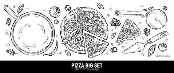 Pizza set, mozzarella, pepperoni slice, pizza spatula, roller blade, pizza board and ingredients. Hand drawing sketch. - obrazy, fototapety, plakaty