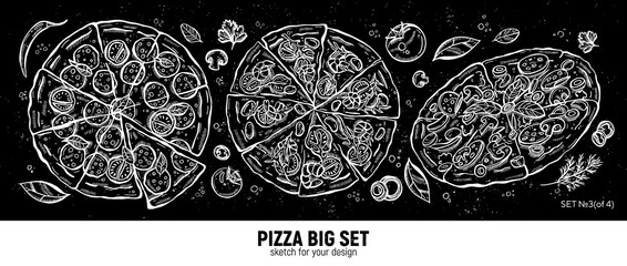 Pizza set, pepperoni, seafood pizza, pepperoni slice, classic pizza and ingredients. Hand drawing sketch.