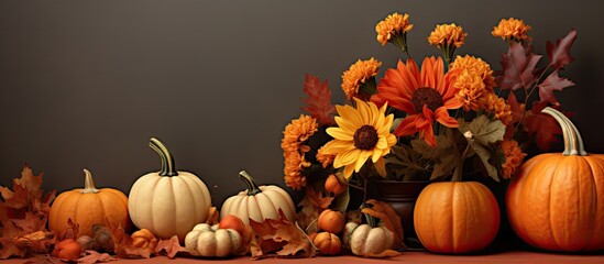 Naklejka na ściany i meble Decorate room with Halloween-themed flowers, pumpkin, and leaves.