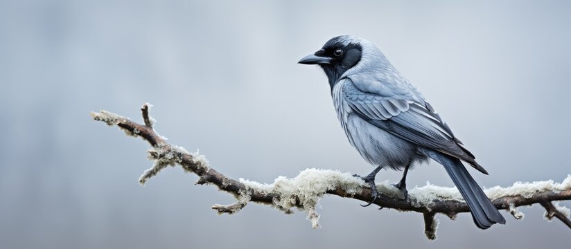 High quality image of a winter jackdaw on a bare branch.
