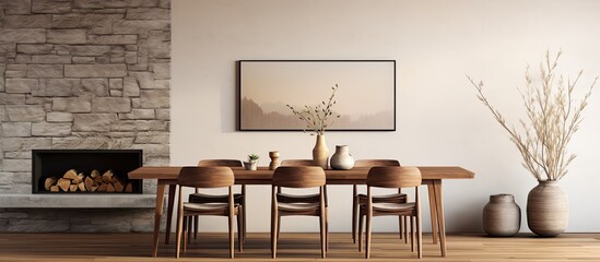 Minimalist home decor features a stylish rustic dining room with a walnut table, retro chairs, fireplace, dried flowers, candlesticks, picture frame, and carpet. Template.