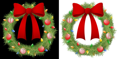 Vector illustration of a Christmas wreath decorated with lights, ornaments and a bow, against a black and a white background.