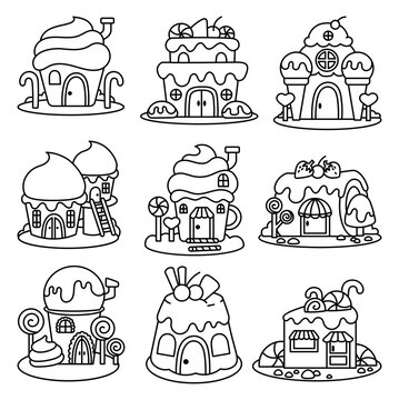 Fantasy house made of sweets and candy. Coloring Page. Cute food with doors and windows. Hand drawn style. Vector drawing. Collection of design elements.