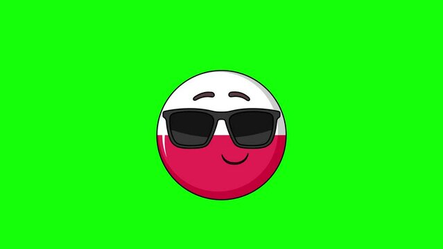 flag of poland emoji cartoon smiling face with sunglasses, emoticon animation