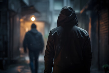 Night scene with man in hood following person. Concept for crime, robbery and assault - obrazy, fototapety, plakaty