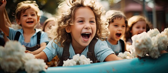 Joyful children enjoying playtime on playground. - obrazy, fototapety, plakaty