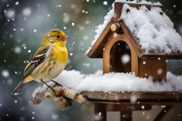 Small yellow snogbird next to feeding house in snow during winter