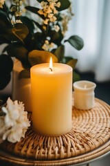 Obraz na płótnie Canvas Aromatic candle burns on table in spa procedure salon. Small warm flame creating coziness and relaxing atmosphere in meditation studio. Accessory for aromatherapy treatment and mindfulness