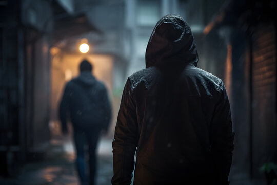 Night scene with man in hood following person. Concept for crime, robbery and assault