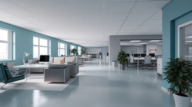 cubical office space with blue and white tiled floors and open windows, AI Generated