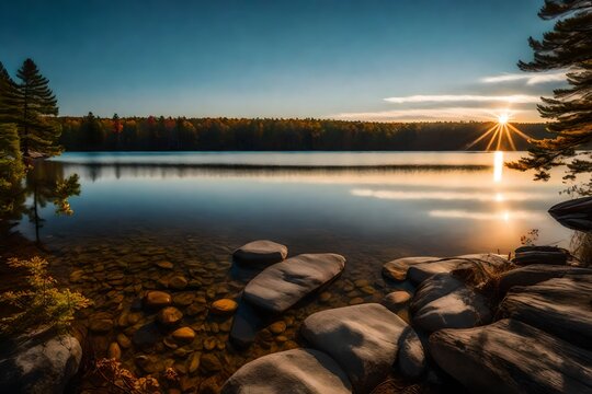 Sebago Lake photos offering a serene composition with a play of soft light, showcasing the pristine waters, lush surroundings, and distant mountains