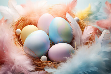 Easter eggs, feathers in a nest, Happy Easter background