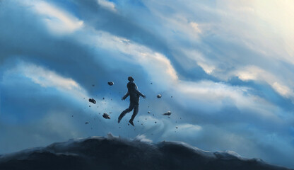 Man silhouette jumping, bounce from mountain with stone and sky. Digital hand painted background