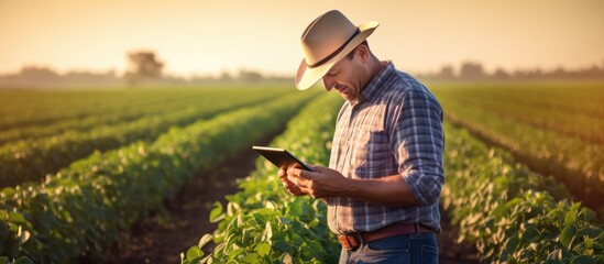 Youthful agronomist with tablet and soybean seeds in field during harvest.