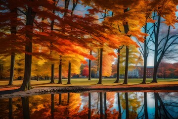 A photographic capture of autumn in Albany, New York, showcasing vibrant fall foliage in a public park, sunlight filtering through the colorful leaves, creating a warm and inviting atmosphere