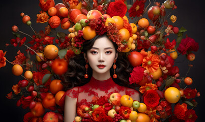 Fototapeta na wymiar Woman wearing modern Chinese costume with oranges, auspicious fruit, for the festival.