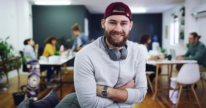 Smile, arms crossed or confident office man, entrepreneur or agent happy in creative startup, design agency or casual workplace. Portrait, creativity or trendy designer pride, job vocation and career