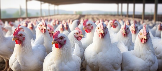 Free range broilers on a white chicken farm.