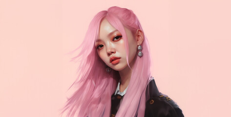 Naklejka premium Realistic Fantasy-Style Painting of a Serene Woman with Vibrant Pink Hair and Dreamy Expression