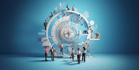 Fototapeta na wymiar business man with gears, time is money concept, The image features a vibrant light blue background