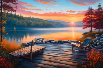 Atmospheric portrayal of a lakeside retreat in Vermont, utilizing mixed media on canvas to bring out the vibrant summer colors, the soft glow of the horizon