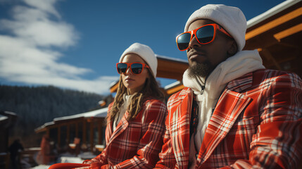 Couple visiting mountain ski resort - Valentine’s Day - Christmas - winter - stylish clothing - ski fashion - sunglasses - extreme blue sky - obrazy, fototapety, plakaty