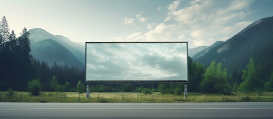 Large empty billboard surrounded by trees, placed near a road leading to mountains, with beautiful scenery.