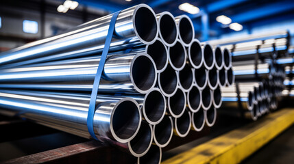 Stack of stainless steel pipes background , metallurgical industry backdrop concept image