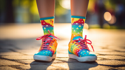 Kid feet wearing colorful rainbow shoes and socks , childhood concept image