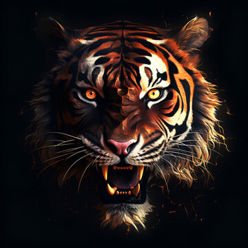 Tiger Fire Energy, tiger head vector illustration, A tiger with its mouth open showing its teeth, Majestic Tigers: Captivating Images of the Fierce Wild Cats
